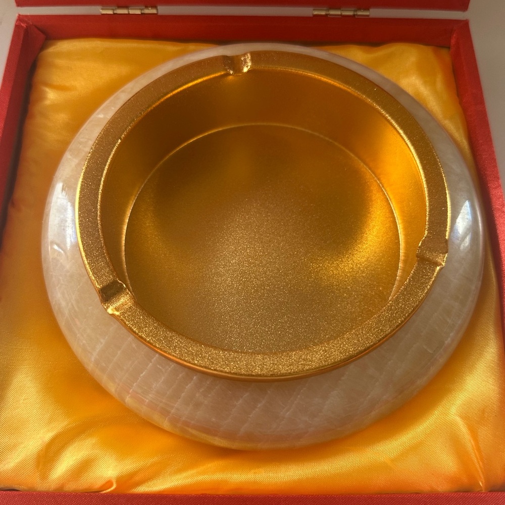 Gold Metal and White Marble Cigar Ashtray